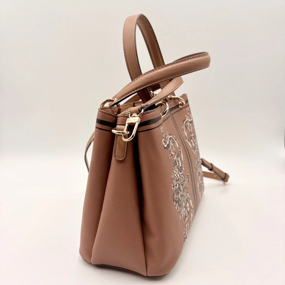 Anne Klein Tan Baroque Print Satchel Crossbody Bag Gold Hardware NWT